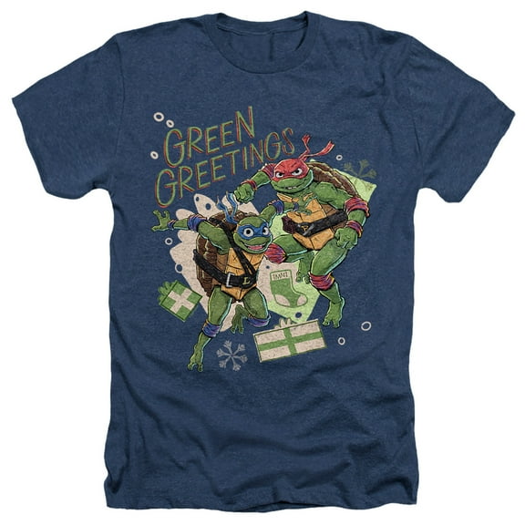 TMNT: Mutant Mayhem Christmas Greetings Leonardo Raphael Unisex Adult Heather T Shirt, Navy Heather, Small