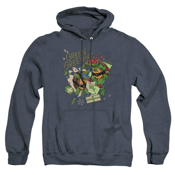 TMNT: Mutant Mayhem Christmas Greetings Leonardo Raphael Unisex Adult Pull-Over Heather Hoodie, Navy Heather, 2X-Large