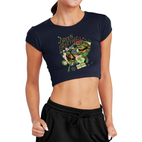 TMNT: Mutant Mayhem Christmas Greetings Leonardo Raphael Women's Cap Sleeve Baby Rib Crop Top, Navy, X-Large