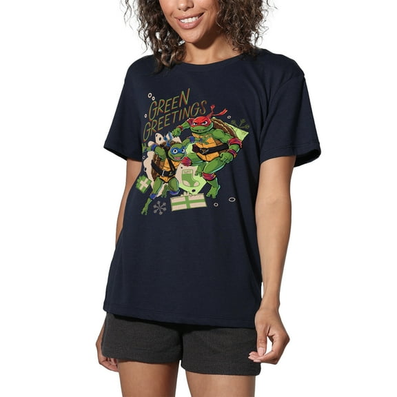 TMNT: Mutant Mayhem Christmas Greetings Leonardo Raphael Women's Loose T-Shirt, Navy, Large