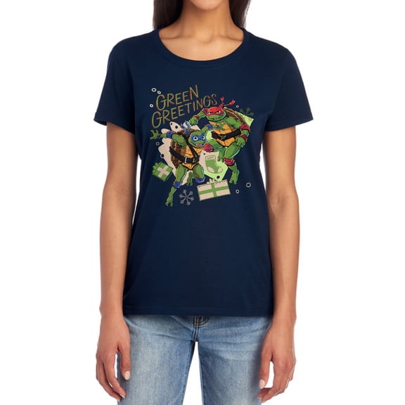 TMNT: Mutant Mayhem Christmas Greetings Leonardo Raphael Women's T Shirt, Navy, Medium