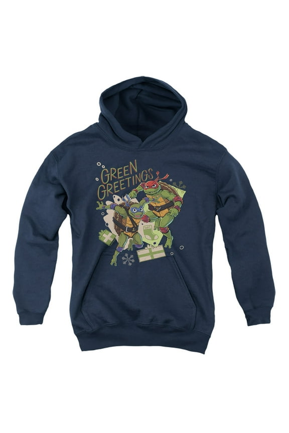 TMNT: Mutant Mayhem Christmas Greetings Leonardo Raphael Youth Kids Boy/Girls Pull-Over Hoodie, Navy, Medium