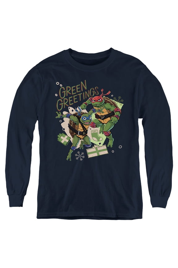 TMNT: Mutant Mayhem Christmas Greetings Leonardo Raphael Youth Long Sleeve T Shirt, Navy, Large