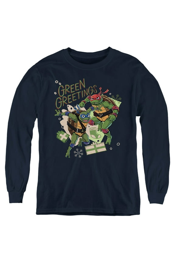 TMNT: Mutant Mayhem Christmas Greetings Leonardo Raphael Youth Long Sleeve T Shirt, Navy, Medium