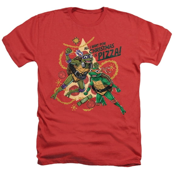 TMNT: Mutant Mayhem Christmas Pizza Michelangelo Donatello Unisex Adult Heather T Shirt, Red Heather, X-Large
