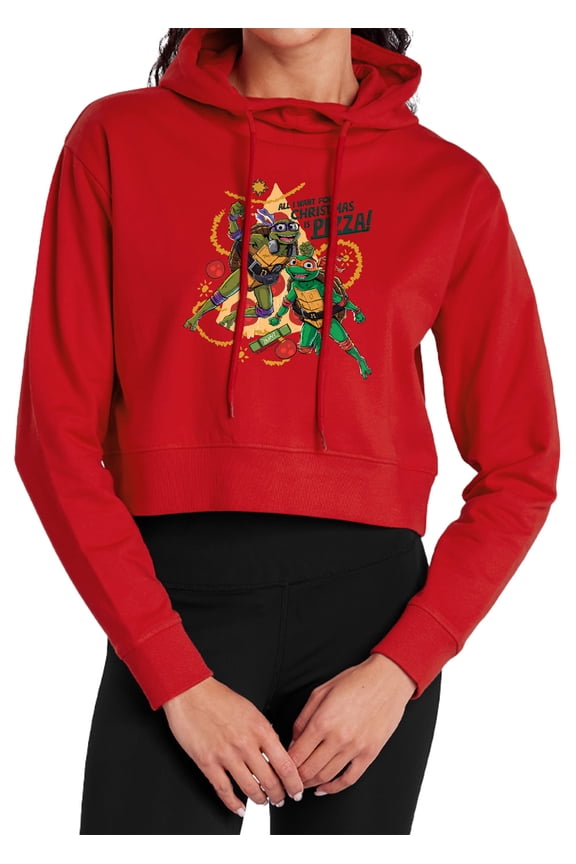TMNT: Mutant Mayhem Christmas Pizza Michelangelo Donatello Women's Cropped Hoodie Pullover Sweatshirt, Red, X-Large
