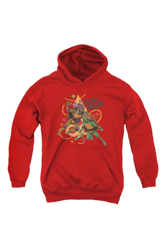 TMNT: Mutant Mayhem Christmas Pizza Michelangelo Donatello Youth Kids Boy/Girls Pull-Over Hoodie, Red, Large