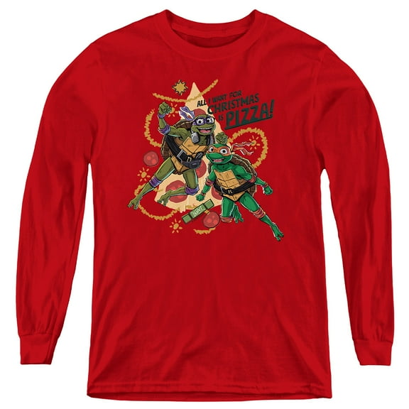 TMNT: Mutant Mayhem Christmas Pizza Michelangelo Donatello Youth Long Sleeve T Shirt, Red, Medium