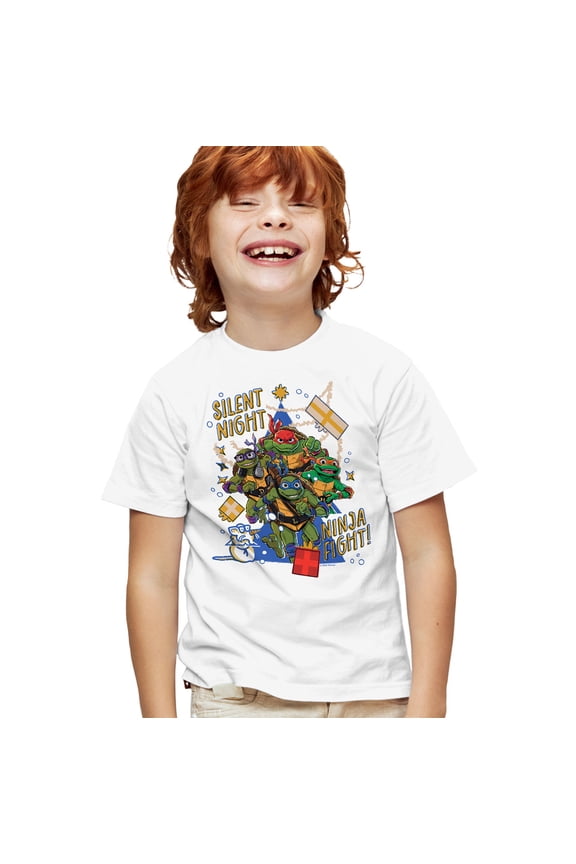 TMNT: Mutant Mayhem Christmas, Silent Night, Ninja Fight Kids T Shirt for Youth Boys and Girls, White, Medium