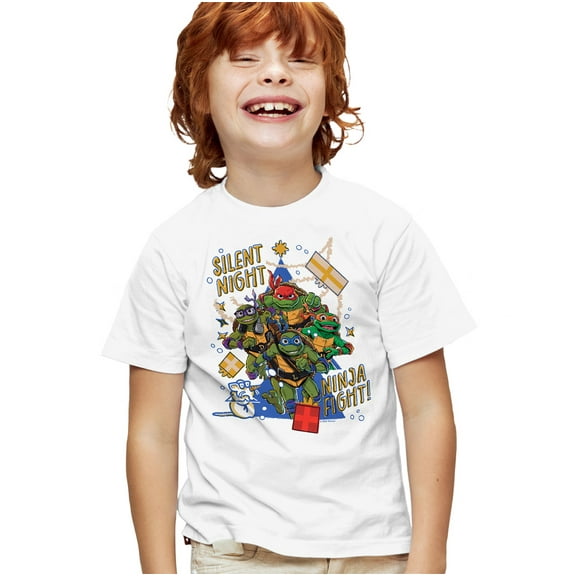 TMNT: Mutant Mayhem Christmas, Silent Night, Ninja Fight Kids T Shirt for Youth Boys and Girls, White, X-Small