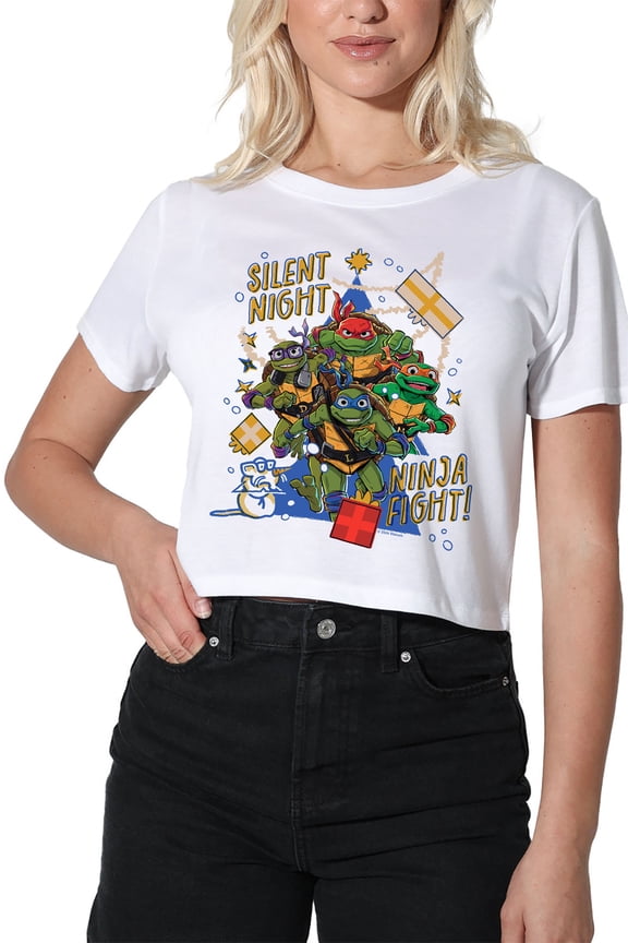 TMNT: Mutant Mayhem Christmas, Silent Night, Ninja Fight Women's Crop Top T-Shirt, White, Large