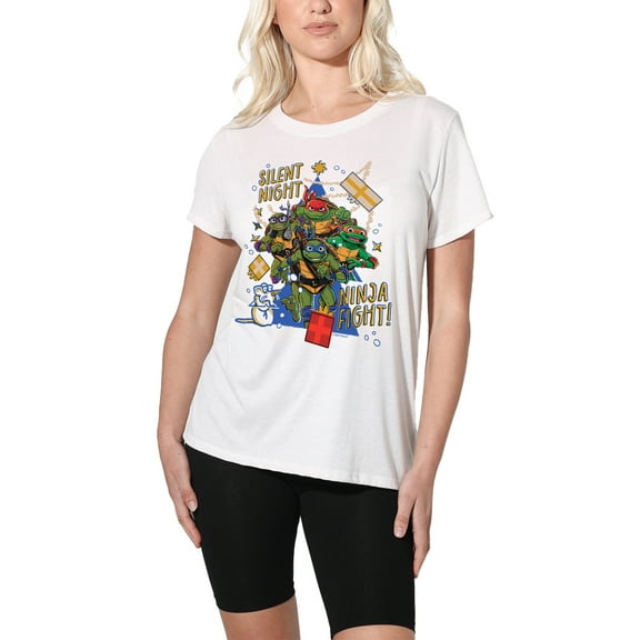 TMNT: Mutant Mayhem Christmas, Silent Night, Ninja Fight Women's Loose T-Shirt, White, 2X-Large