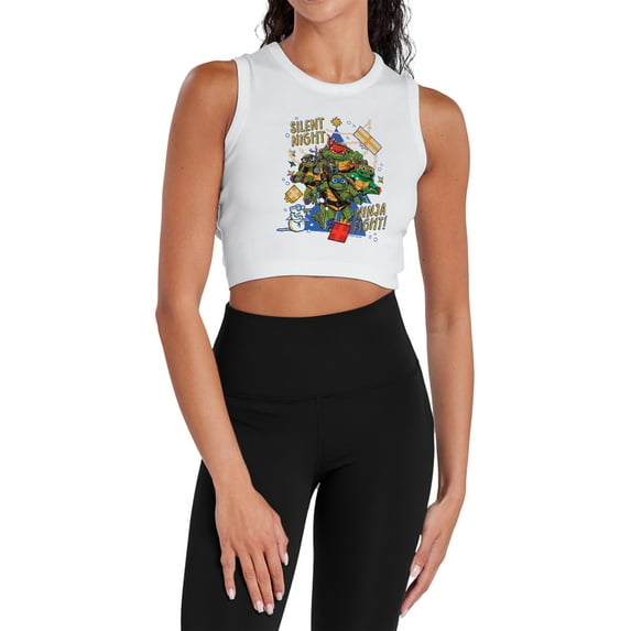 TMNT: Mutant Mayhem Christmas, Silent Night, Ninja Fight Women's Sleeveless Crop Top Tank, White, Medium