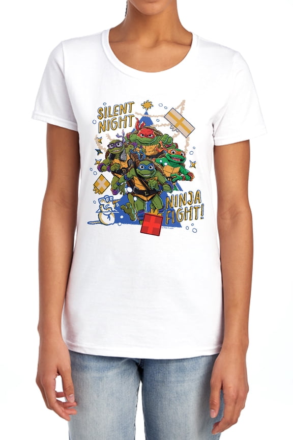 TMNT: Mutant Mayhem Christmas, Silent Night, Ninja Fight Women's T Shirt, White, X-Large