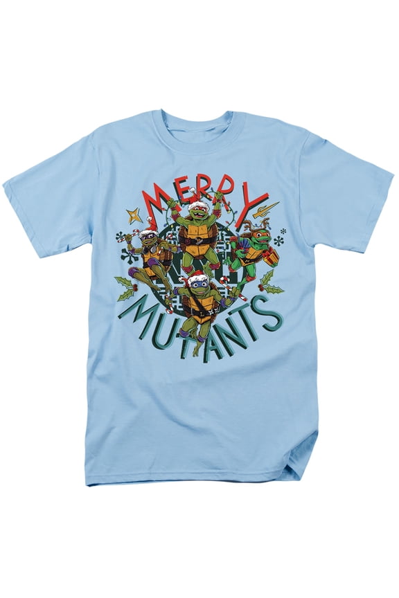 TMNT: Mutant Mayhem Merry Mutants Christmas Unisex Adult T Shirt, Light Blue, Medium