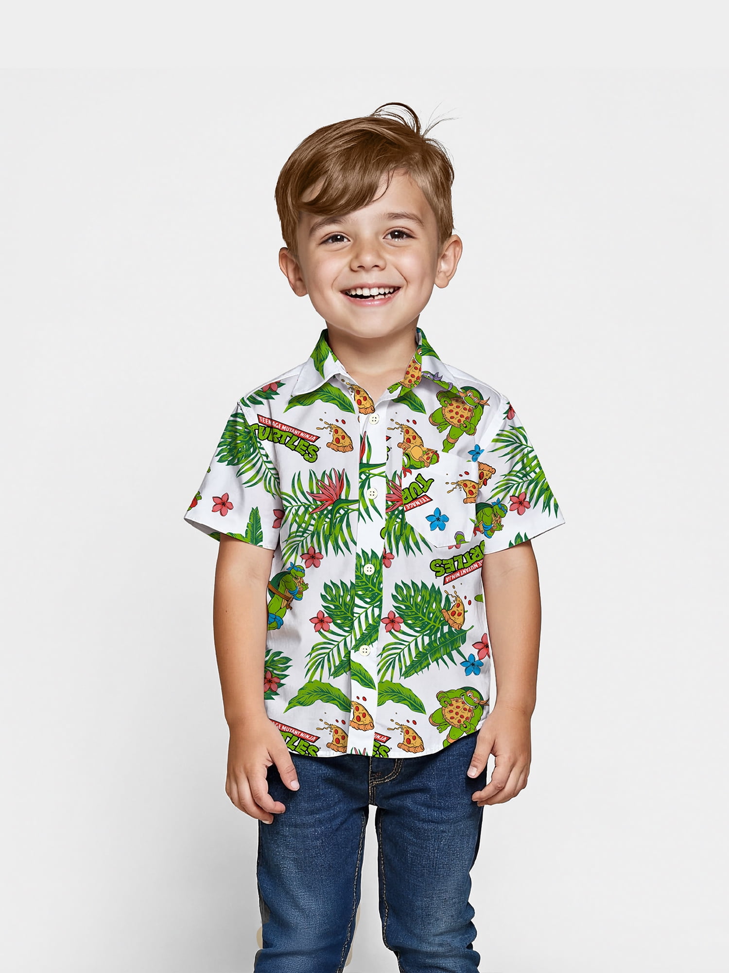 Teenage Mutant Ninja Turtles Boys Pizza Graphic Button-Up Cotton Tee with Short Sleeves, Sizes XS-2XL