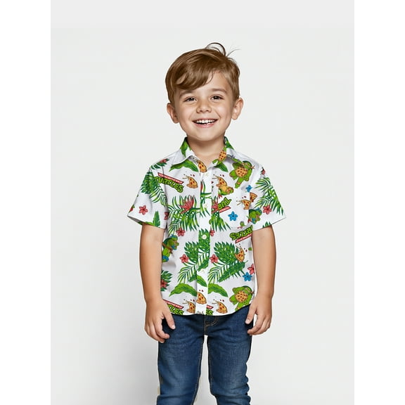 Teenage Mutant Ninja Turtles Boys Pizza Graphic Button-Up Cotton Tee with Short Sleeves, Sizes XS-2XL