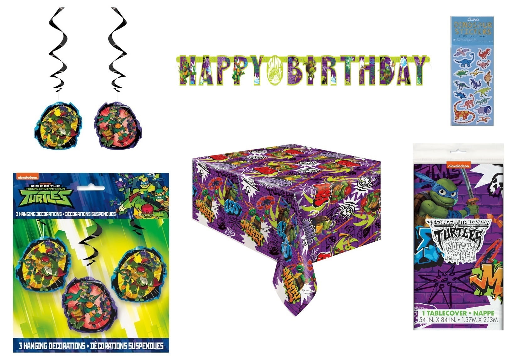 TMNT Teenage Mutant Ninja Turtles Birthday Party Decoration Set includes 1 Happy Birthday Banner, 3 Hanging Swirl Decorations, 1 Table Cover