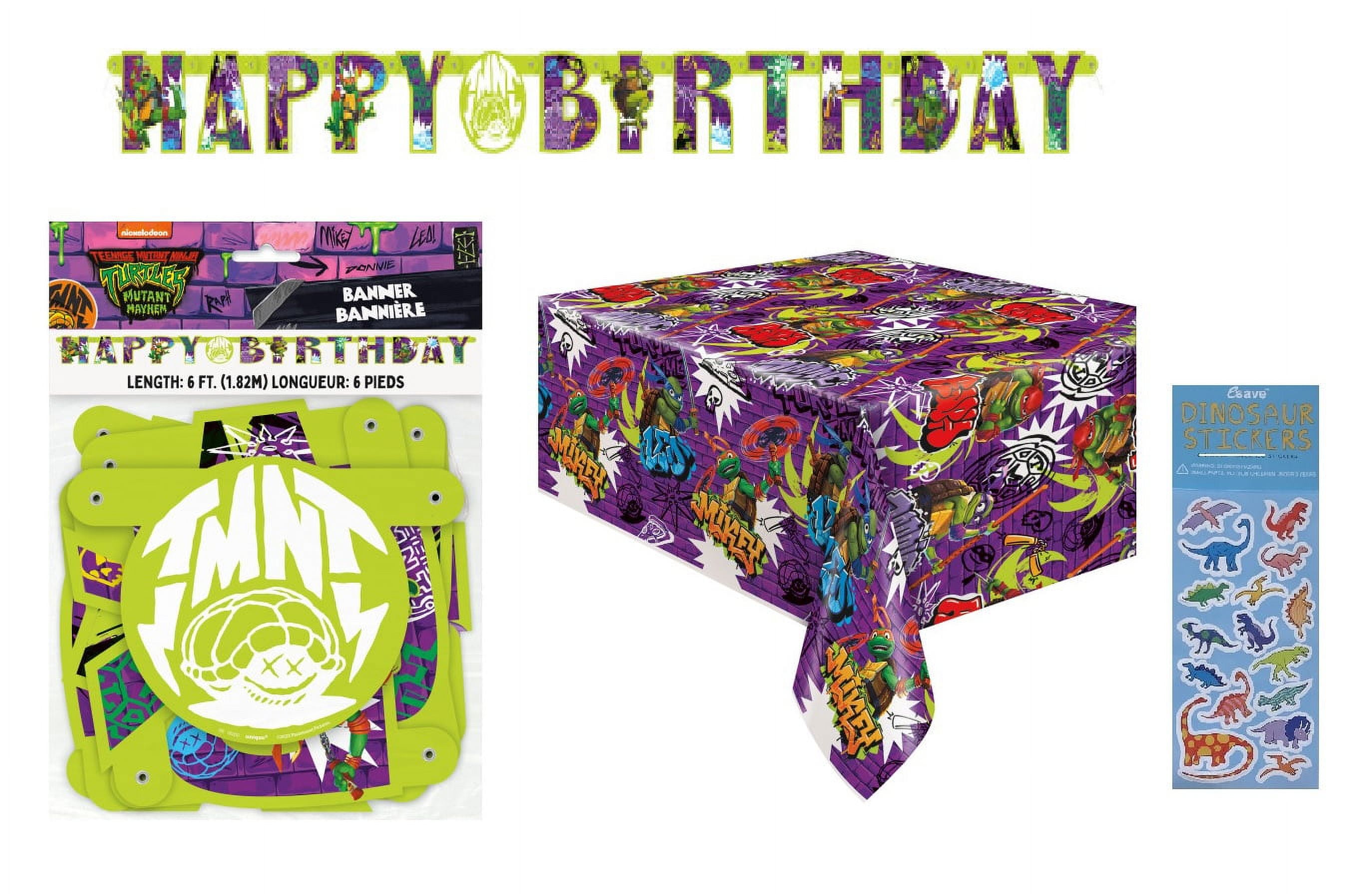 TMNT Teenage Mutant Ninja Turtles Birthday Party Supplies Bundle includes 1 Happy Birthday Banner, 1 Plastic Table Cover and 1 Dinosaur Sticker Sheet