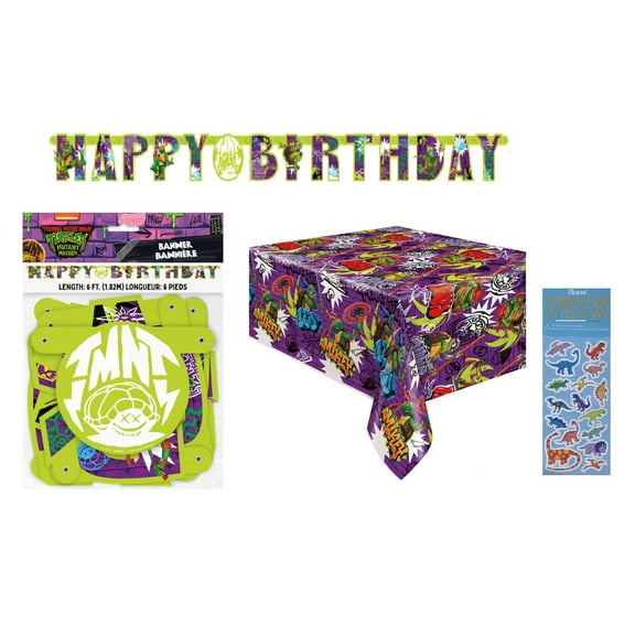 TMNT Teenage Mutant Ninja Turtles Birthday Party Supplies Bundle includes 1 Happy Birthday Banner, 1 Plastic Table Cover and 1 Dinosaur Sticker Sheet