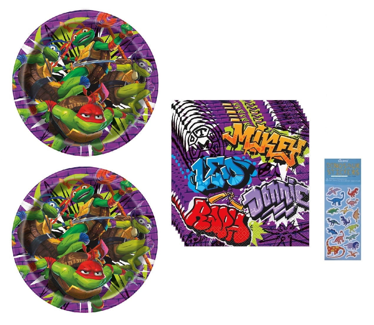TMNT Teenage Mutant Ninja Turtles Birthday Party Supplies Bundle includes 16 Lunch Paper Plates 9", 16 Lunch Paper Napkins 2-Ply 6.5" x 6.5", 1 Dinosaur Sticker Sheet