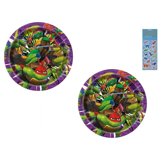 TMNT Teenage Mutant Ninja Turtles Birthday Party Supplies Bundle includes 16 Lunch Paper Plates and 1 Dinosaur Sticker Sheet
