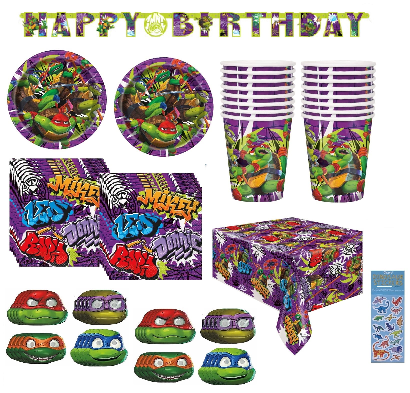 TMNT Teenage Mutant Ninja Turtles Birthday Party Supplies Bundle includes 16 Lunch Plates, 16 Napkins, 16 Cups, 1 Plastic Table Cover, 16 Paper Masks, 1 Banner, 1 Dinosaur Sticker Sheet