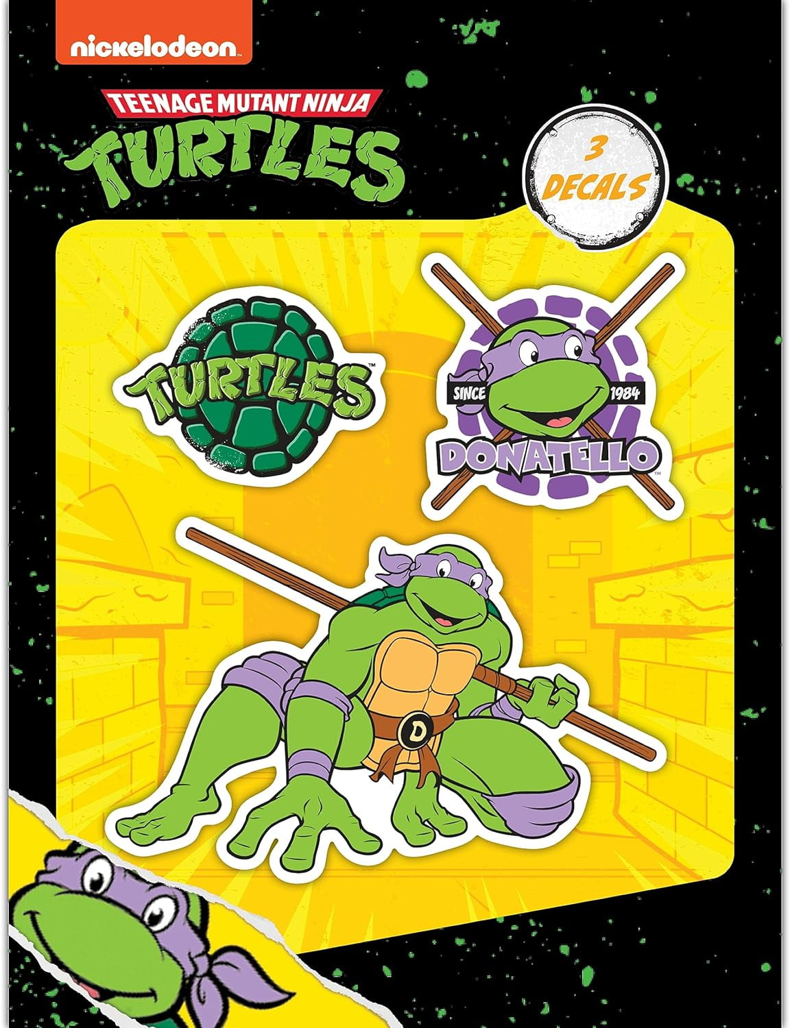 TMNT Teenage Mutant Ninja Turtles Vinyl Decals - Set of 3 Donatello Ninja Turtle Stickers for Car Water Bottle Bike Helmet Laptop Skateboard - Outdoor Rated Water Resistant Vinyl