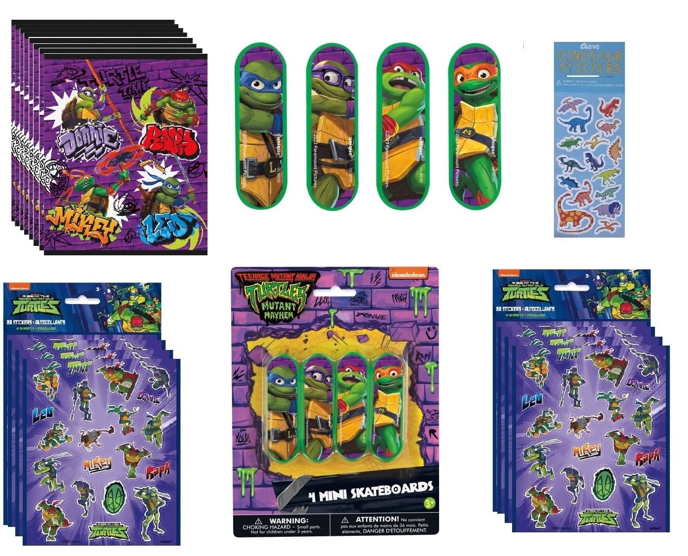 TMNT Teenage Ninja Turtles Birthday Party Supplies Favor Bundle Pack includes 8 Loot Bags, 8 Mini Skateboards, 8 Sticker Sheets, 1 Dinosaur Sticker Sheet