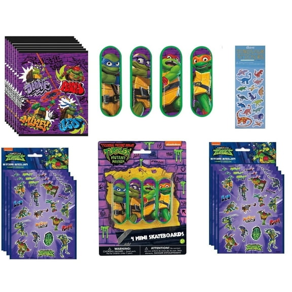 TMNT Teenage Ninja Turtles Birthday Party Supplies Favor Bundle Pack includes 8 Loot Bags, 8 Mini Skateboards, 8 Sticker Sheets, 1 Dinosaur Sticker Sheet