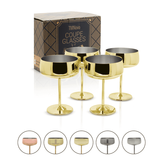 TMNovo Coupe Glasses Set of 4 - 15 oz Mirrored Gold Stainless Steel Martini & Champagne Glasses Set