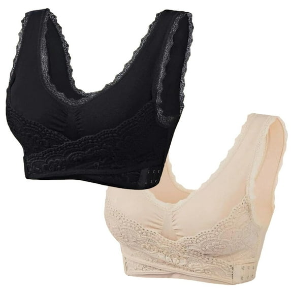 TMOYZQ 2 Pack Lace Bralettes for Women, Front Cross Side Buckle Padded Sports Bra Full-Coverage Seamless Wirefree Everyday Bras Comfort Yoga Workout Brassiere