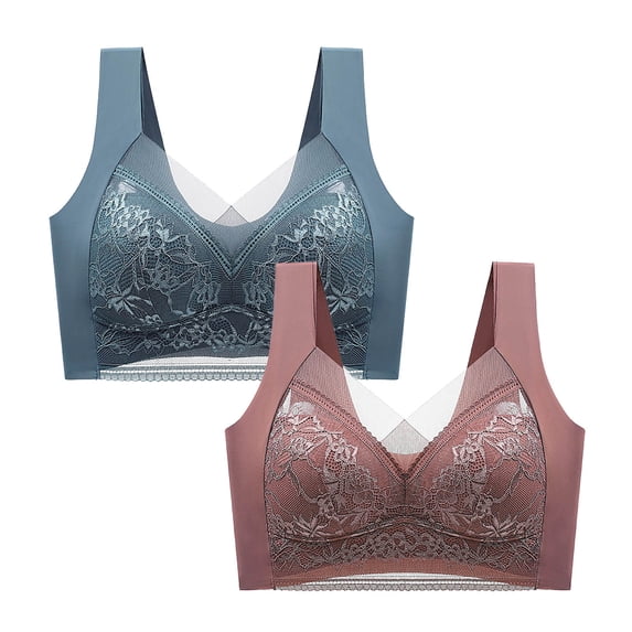 TMOYZQ 2-Pack Sports Bras for Women, Lace Mesh Breathable Comfort Lightly Lined T-Shirt Bra Full-Coverage Wireless High Support Fitness Yoga Bras Everyday Sleeping Bralettes Lingerie