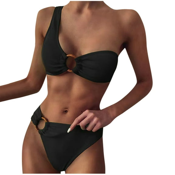 TMOYZQ 2 Piece Bikini Sets for Women, One Shoulder O-Ring Bikini Top Swimsuits with Side Tie Bikini Bottom High Cut Bathing Suits Swimwear