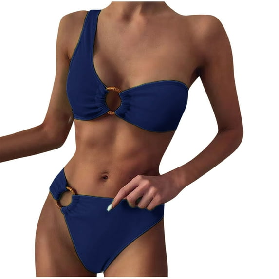 TMOYZQ 2 Piece Bikini Sets for Women, One Shoulder O-Ring Bikini Top Swimsuits with Thong Bikini Bottom High Cut Bathing Suits Swimwear