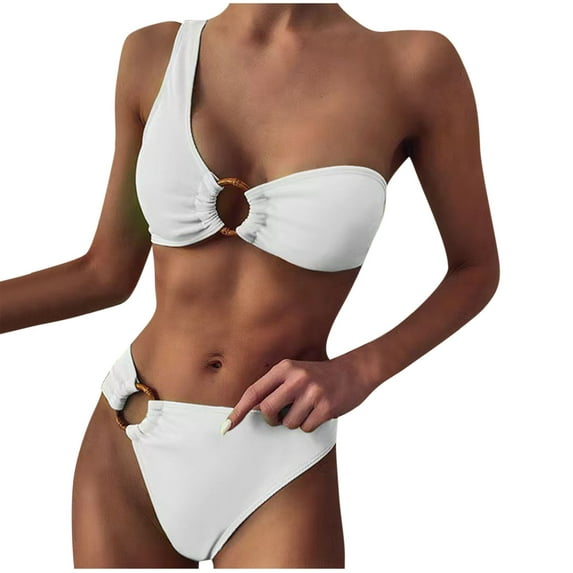 TMOYZQ 2 Piece Bikini Sets for Women, One Shoulder O-Ring Bikini Top Swimsuits with Thong Bikini Bottom High Cut Bathing Suits Swimwear