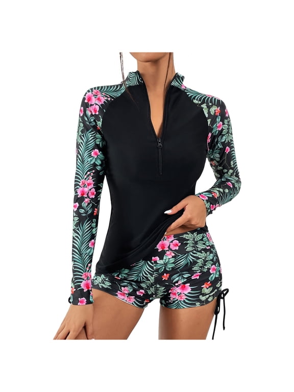 2 Piece Wetsuit Set for Womens, Front Zip Long Sleeve Shorty Wetsuit Bathing Suit with Boyshort Bottom Swimsuit Skin Protection Diving Suit for Aerobics Diving Surfing Swimming