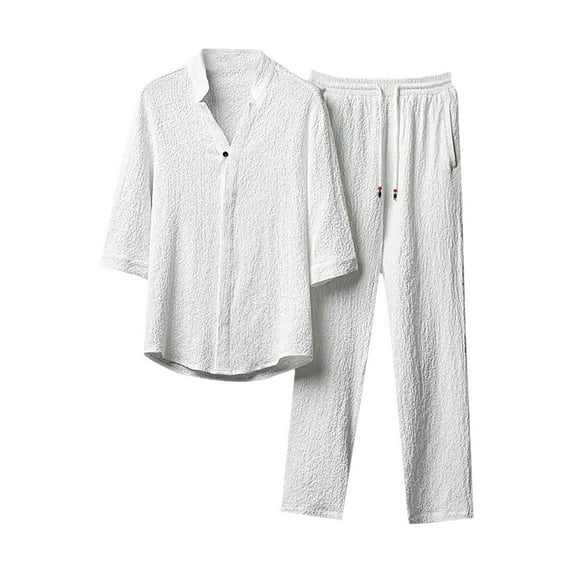 TMOYZQ 2025 Summer Men's Cotton Linen Sets Short Sleeve Classic Solid Color Loungewear Two-Piece Casual Large Size Trousers Suits
