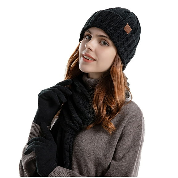 TMOYZQ 3 in 1 Winter Hats Scarf Gloves Set for Women & Men, Warm Thick Ribbed Chunky Cable Knit Skull Caps Neck Warmer Long Scarf Touchscreen Mittens for Cold Weather Christmas Gifts