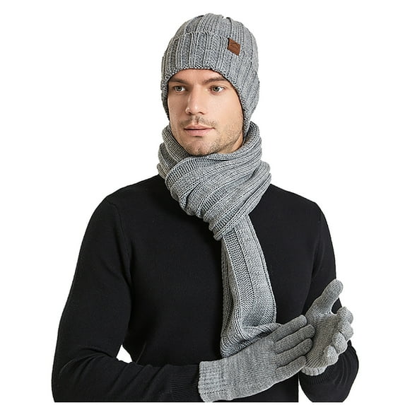 TMOYZQ 3 in 1 Winter Hats Scarf Gloves Set for Women & Men, Warm Thick Ribbed Chunky Cable Knit Skull Caps Neck Warmer Long Scarf Touchscreen Mittens for Cold Weather Christmas Gifts