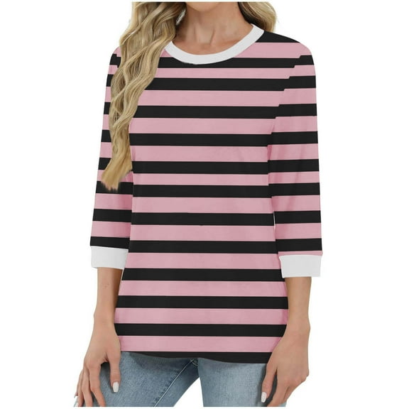 Cxenplz 3/4 Sleeve Womens Tops Striped Casual Crew Neck T Shirts Loose Fit Color Block Business Dressy Blouses