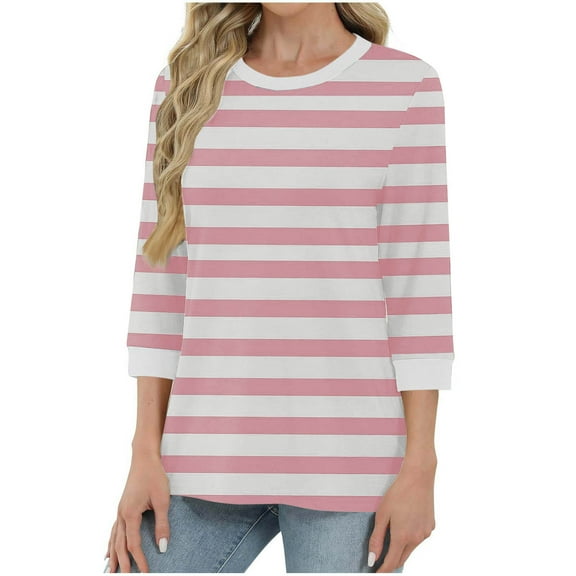 Cxenplz 3/4 Sleeve Womens Tops Striped Casual Crew Neck T Shirts Loose Fit Color Block Business Dressy Blouses