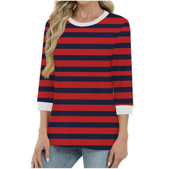 Cxenplz 3/4 Sleeve Womens Tops Striped Casual Crew Neck T Shirts Loose Fit Color Block Business Dressy Blouses