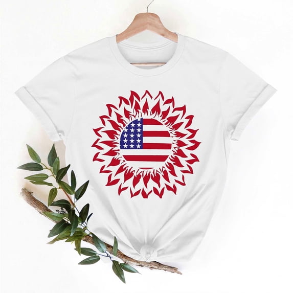 Cxenplz 4Th of July Sunflower Shirts for Women Teen Girls Cotton Patriotic Cute American Flag Graphic Tee Independence Day Outfits