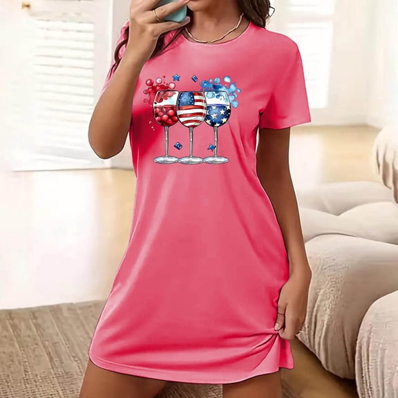 TMOYZQ 4th of July Nightgowns Women American Flag Print Summer Nightgowns Caual Loungewear Independence Day on Clearance