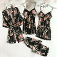 thumbnail image 1 of TMOYZQ 5 Pcs Plus Size Women's Silk Satin Pajamas Set Sexy Lace Hem Floral Printed Nightgown Bathrobe Trousers Shorts Camisole Lingerie Set Loungewear Sleepwear, 1 of 1