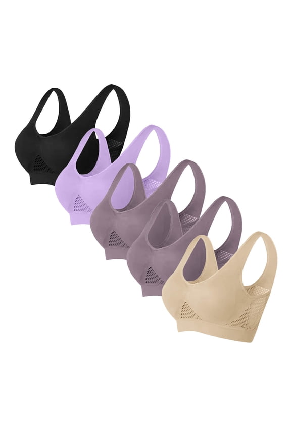 5 Pcs Sports Bras for Women, Plus Size Full-Coverage T-Shirt Bra Ribbed Seamless Comfort Breathable Moisture-Wicking Bralettes Removable Pads Support Yoga Workout Fitness Sports Bras