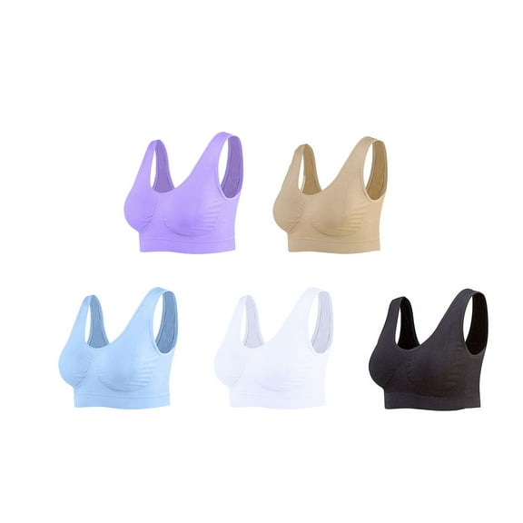 TMOYZQ 5 Pcs Sports Bras for Women, Plus Size Full-Coverage T-Shirt Bra Ribbed Seamless Comfort Breathable Moisture-Wicking Underwear Removable Cups Support Yoga Workout Fitness Sport Bra