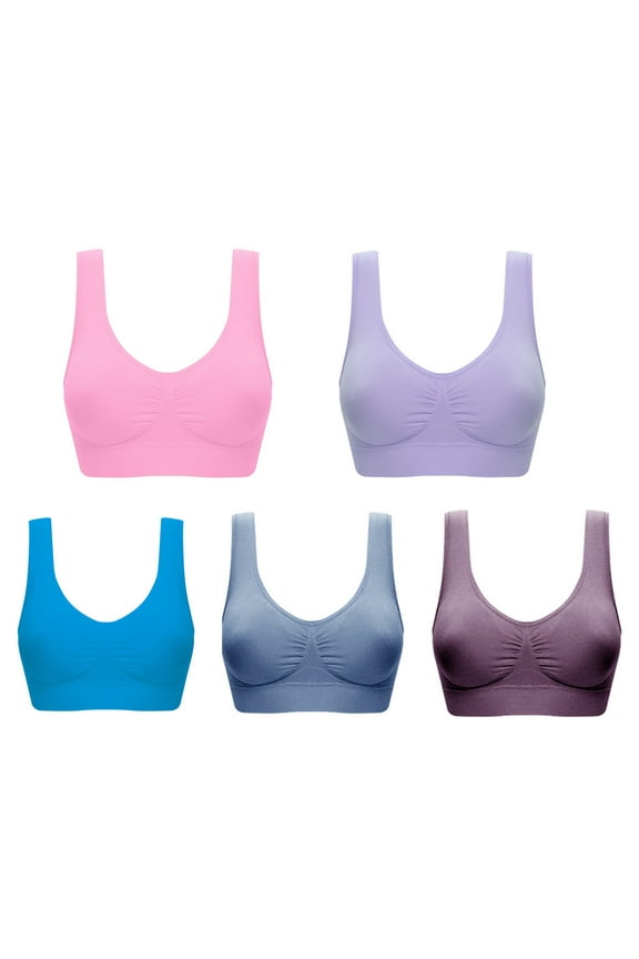 5 Pcs Sports Bras for Women, Plus Size Full-Coverage T-Shirt Bra Ribbed Seamless Comfort Breathable Moisture-Wicking Underwear Removable Cups Support Yoga Workout Fitness Sport Bra