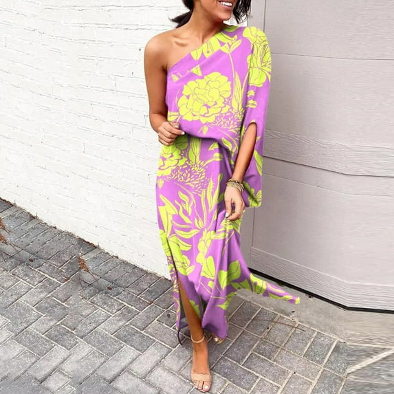 TMOYZQ 50% off Summer! Women's One Shoulder Split Hem Long Maxi Dress Floral Print Short Bell Sleeves Loose Ruched Dress Cocktail Party Dress Wedding Guest Dresses